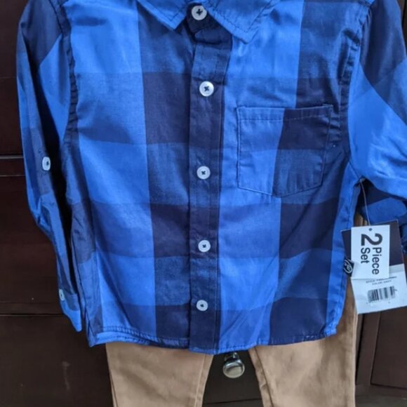 Perry Ellis Plaid Blue Long Sleeve Button Up with Dark Khaki Pants Set Sz 2T-NWT - Picture 2 of 5